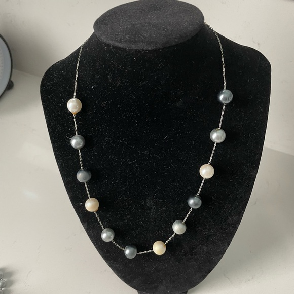 Black and White Beaded Necklace with Delicate Chain - Picture 1 of 1
